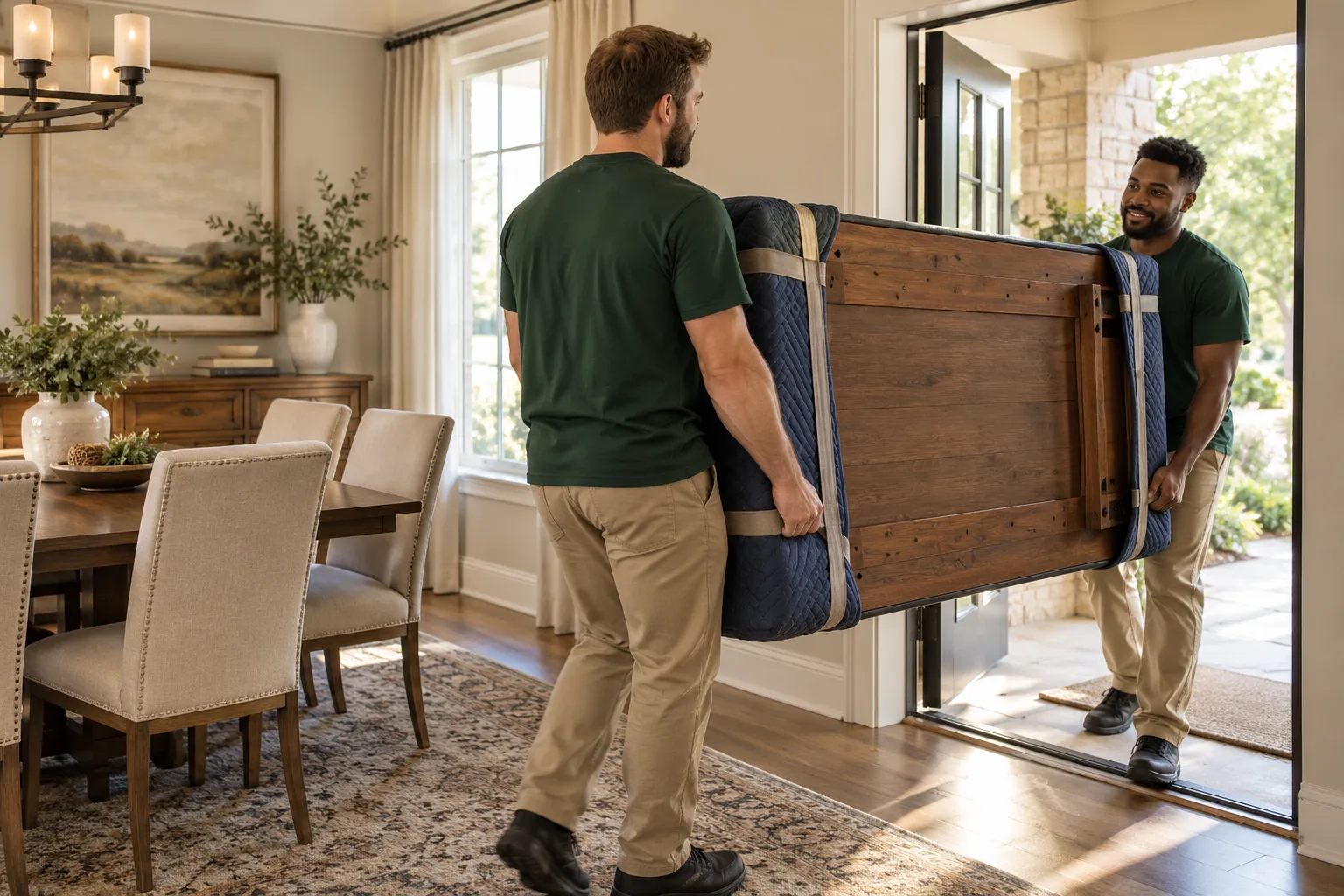 Professional dining room furniture removal service in progress