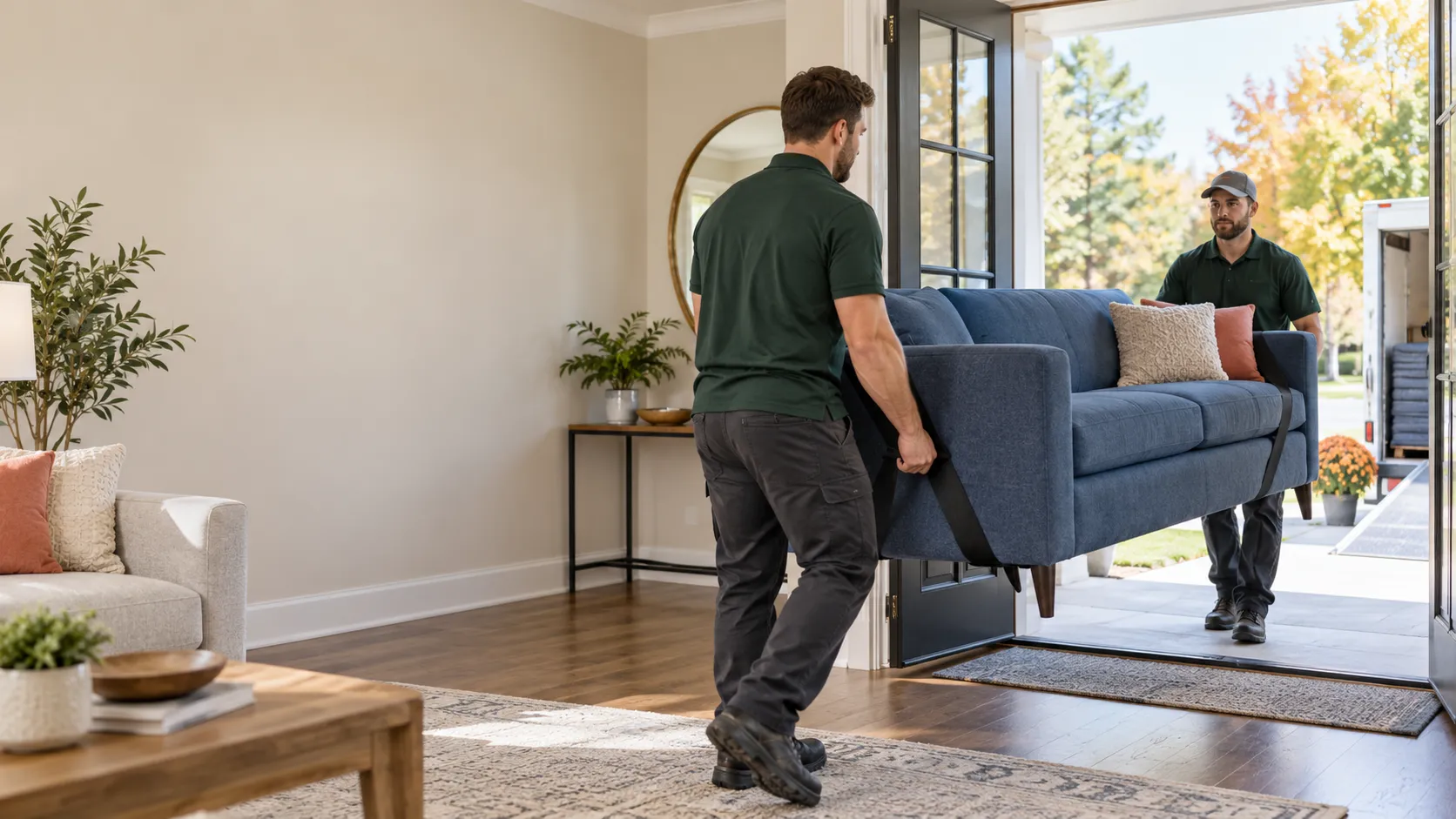 Furniture removal workers carrying a blue sofa through a home doorway