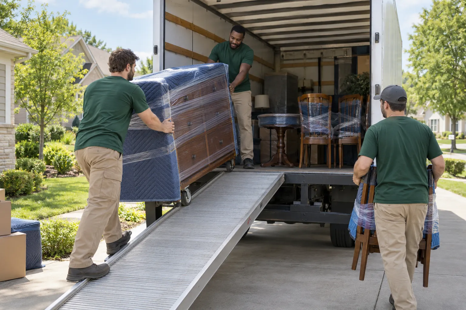 Crew loading protected furniture into a truck